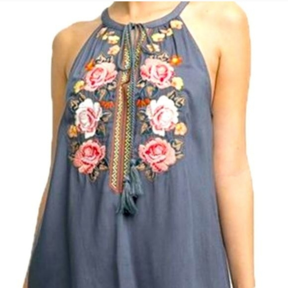 Andree by Unit Blue Sleeveless Embroidered Tank Top Tassels Women's  Size S Boho
